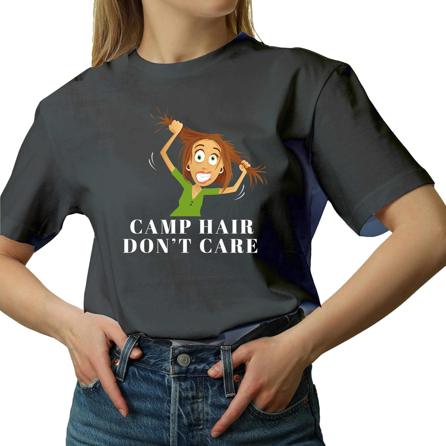 Embrace the Wild with our "Camp Hair Don't Care" Graphic T-Shirt - Your Go-To Outdoors Companion!