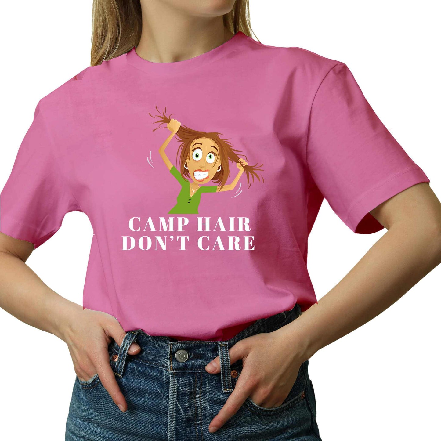Embrace the Wild with our "Camp Hair Don't Care" Graphic T-Shirt - Your Go-To Outdoors Companion!