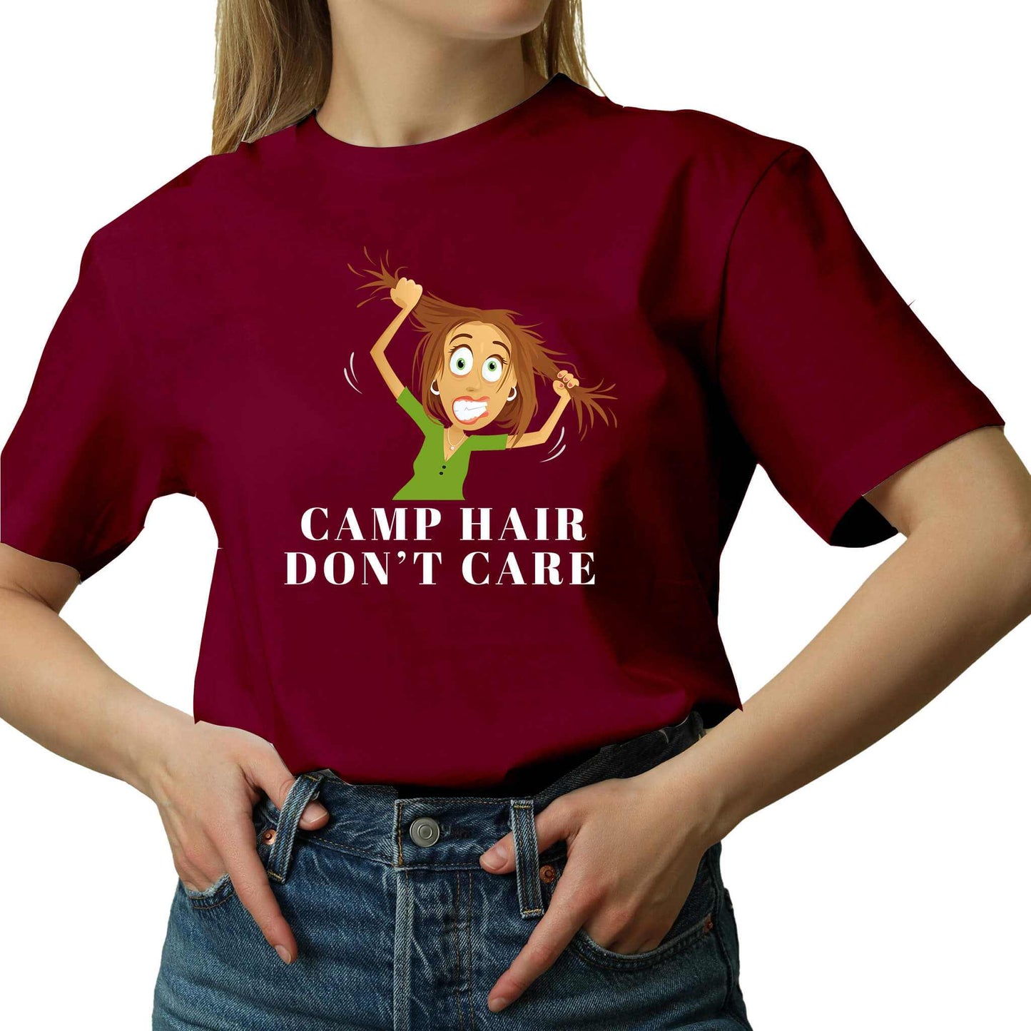 Embrace the Wild with our "Camp Hair Don't Care" Graphic T-Shirt - Your Go-To Outdoors Companion!