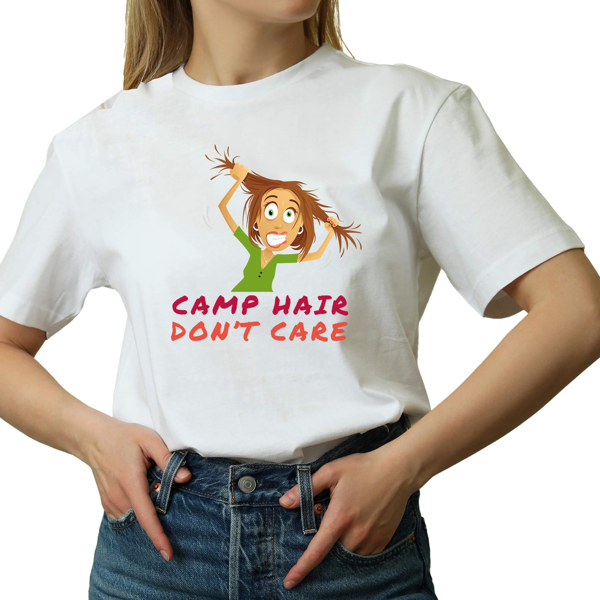 Embrace the Wild with our "Camp Hair Don't Care" Graphic T-Shirt - Your Go-To Outdoors Companion!