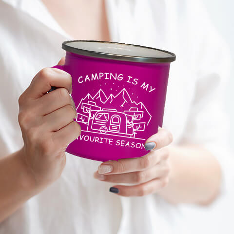 "pink Camping Mug: Emblazoned with 'CAMPING IS MY FAVORITE SEASON.' Perfect for outdoor enthusiasts and nature lovers."