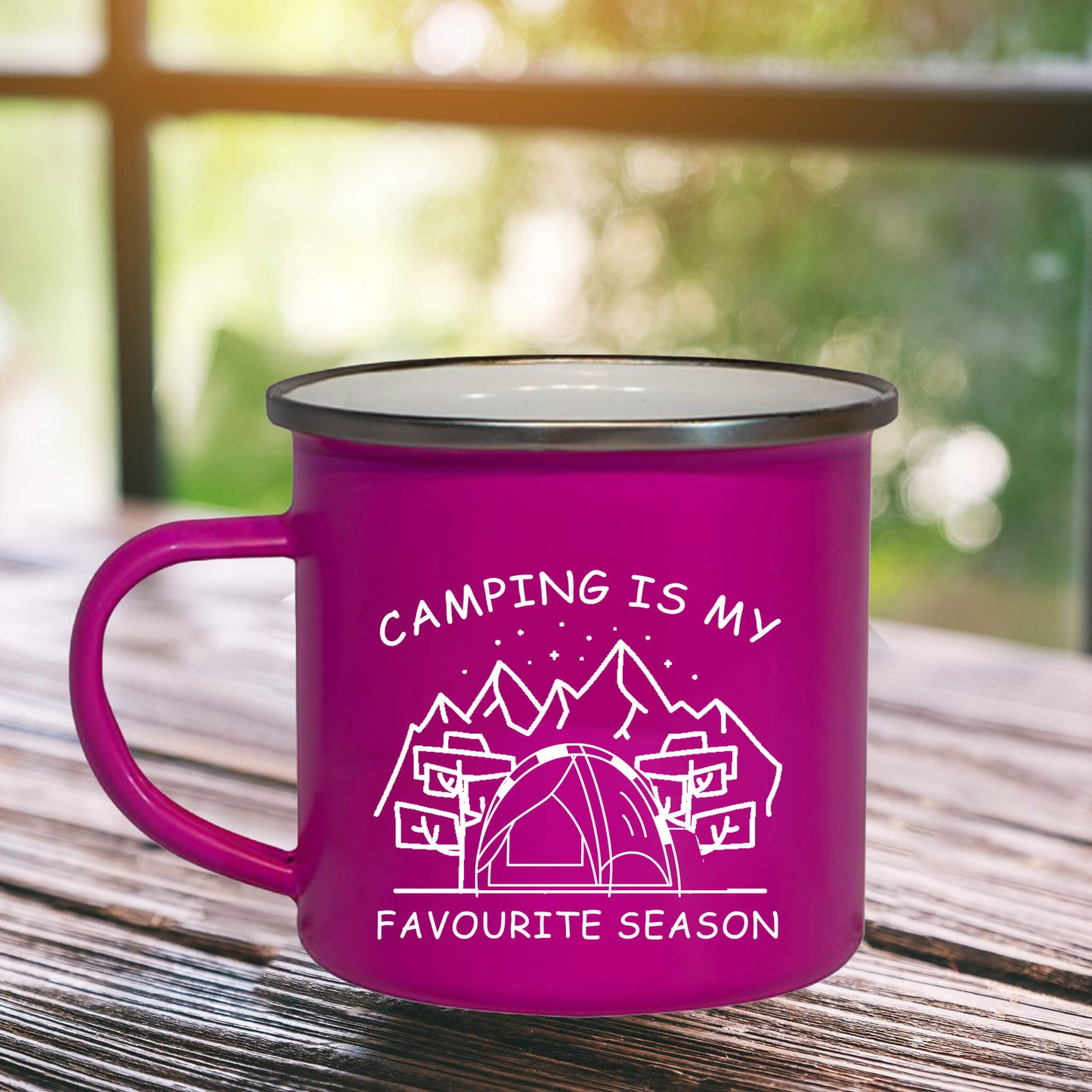 camping is my favourite season enamel camping mug pink
