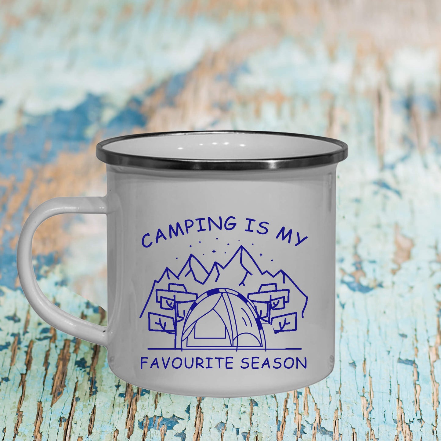 camping is my favourite season enamel camping mug white