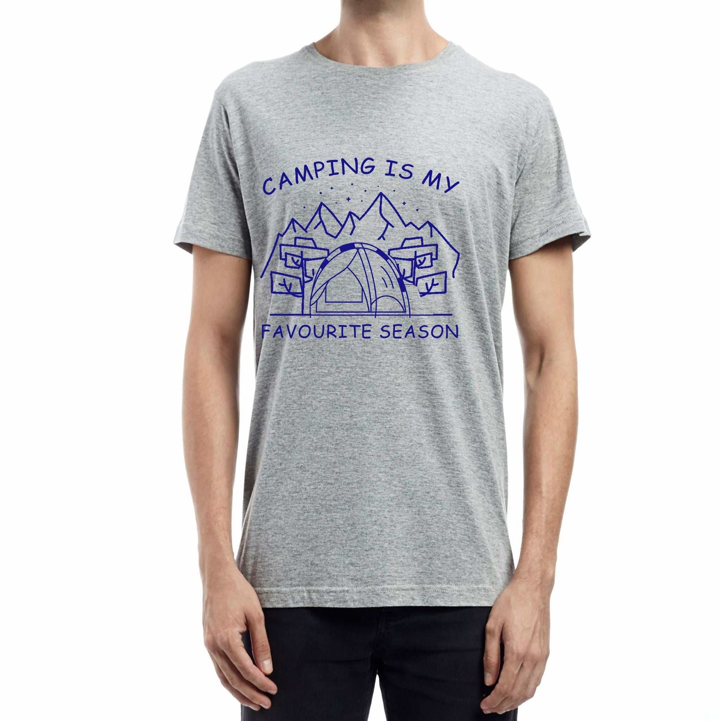  "Grey Graphic tee with an illustration of a tent, surrounded by nature. Text reads: 'Camping is my favorite season.' Celebrate the great outdoors!"