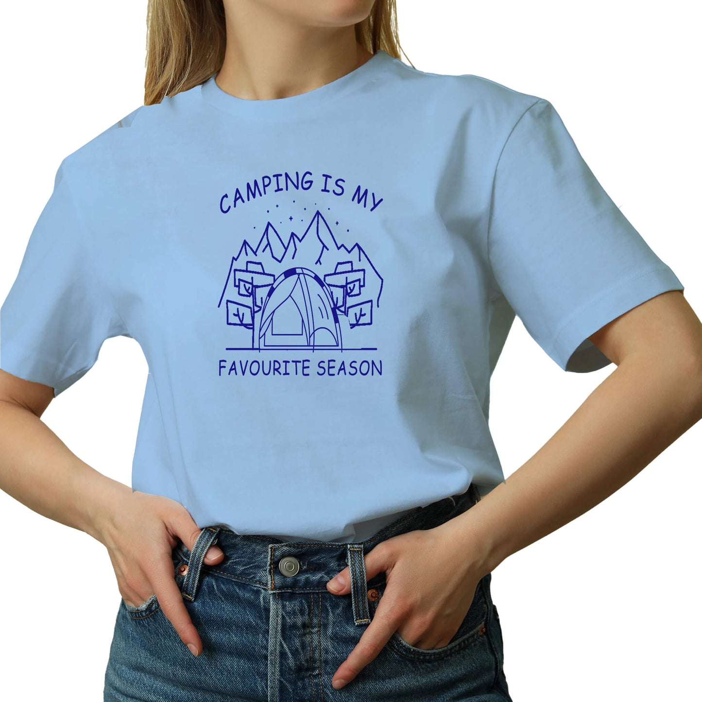 "Blue Graphic tee with an illustration of a tent, surrounded by nature. Text reads: 'Camping is my favorite season.' Celebrate the great outdoors!"