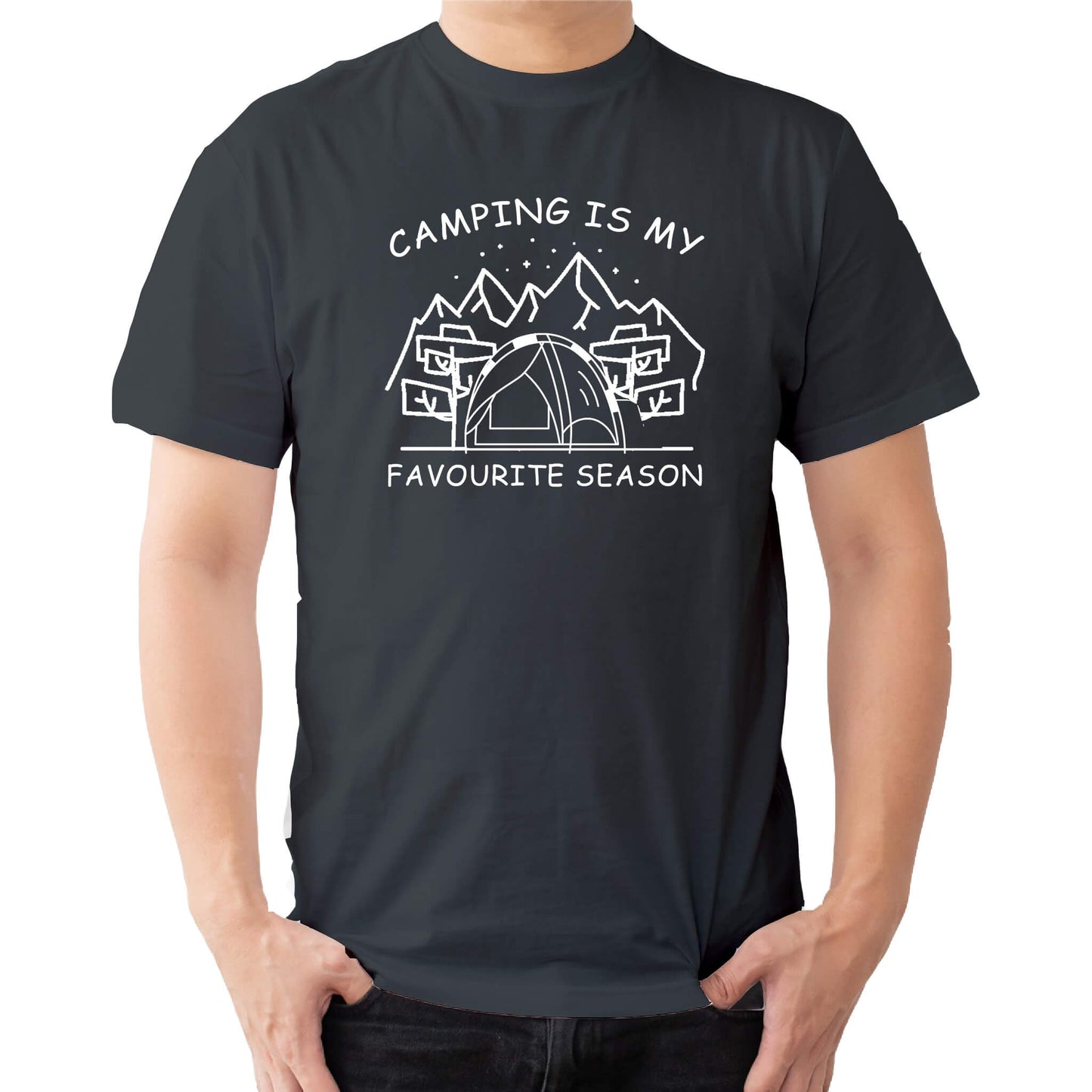 "Grey Graphic tee with an illustration of a tent, surrounded by nature. Text reads: 'Camping is my favorite season.' Celebrate the great outdoors!"