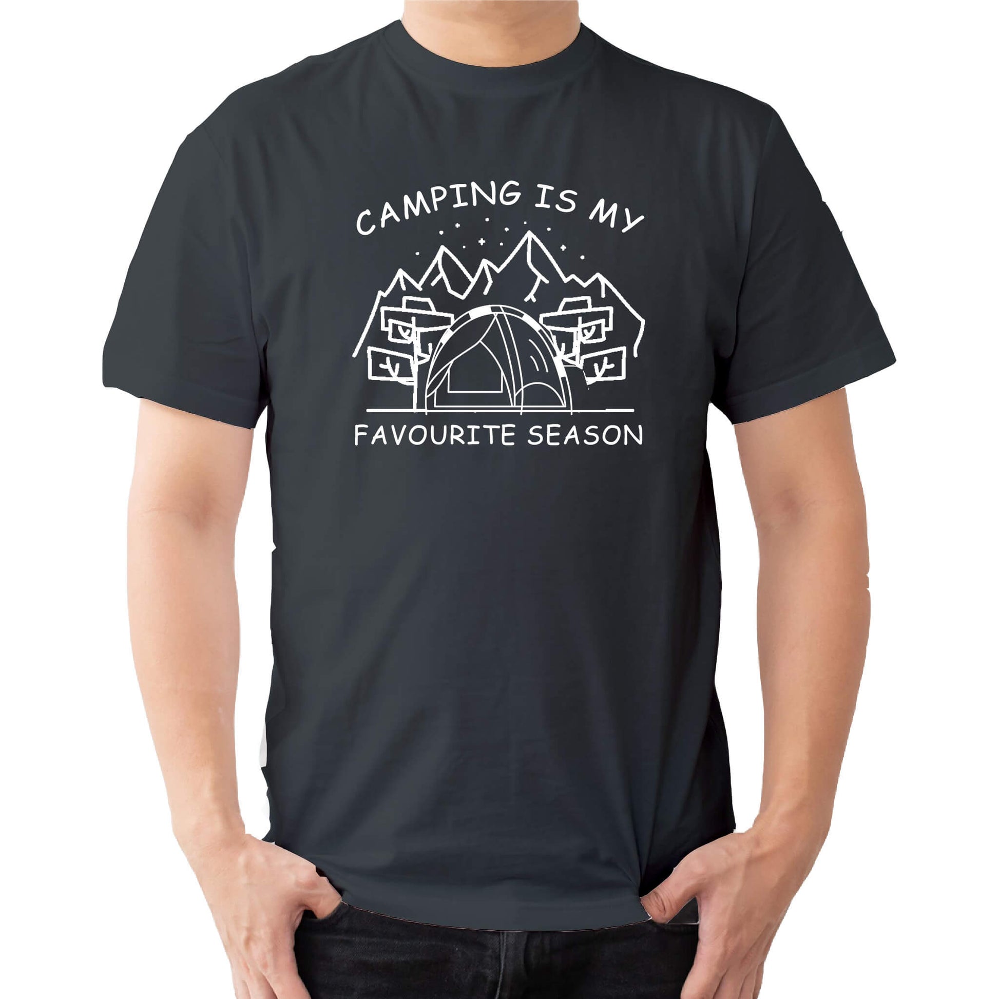  "Grey Graphic tee with an illustration of a tent, surrounded by nature. Text reads: 'Camping is my favorite season.' Celebrate the great outdoors!"