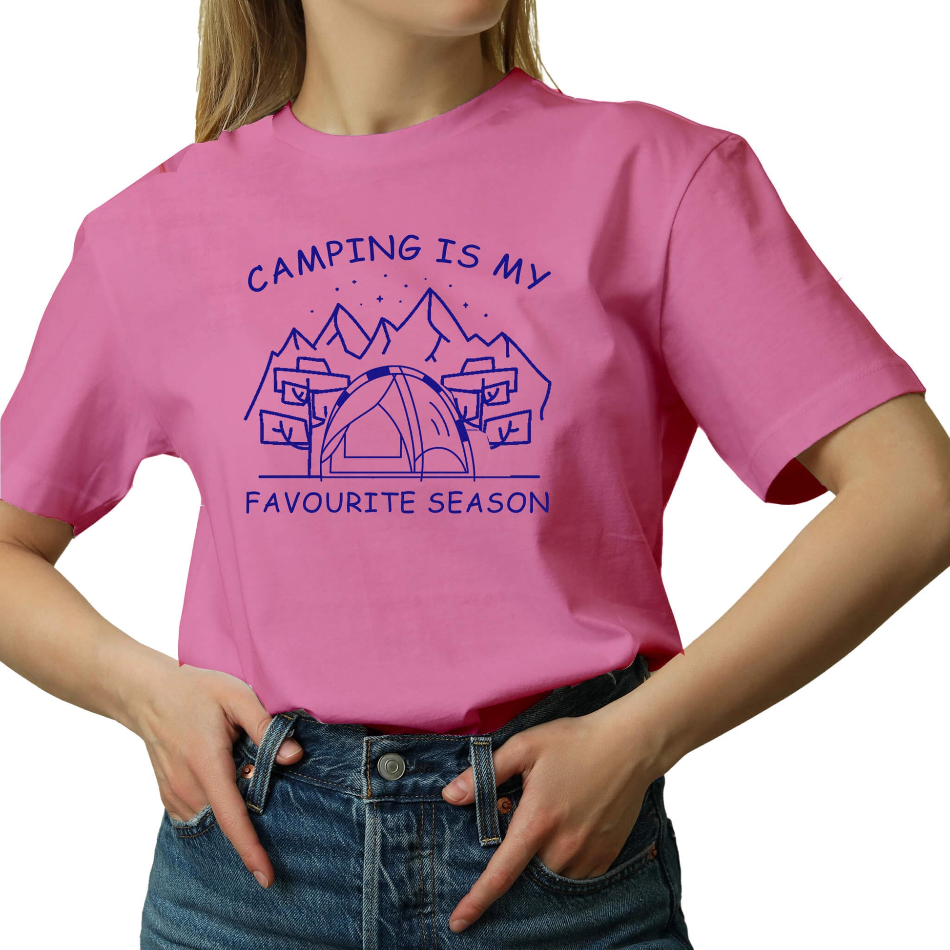  "Pink Graphic tee with an illustration of a tent, surrounded by nature. Text reads: 'Camping is my favorite season.' Celebrate the great outdoors!"