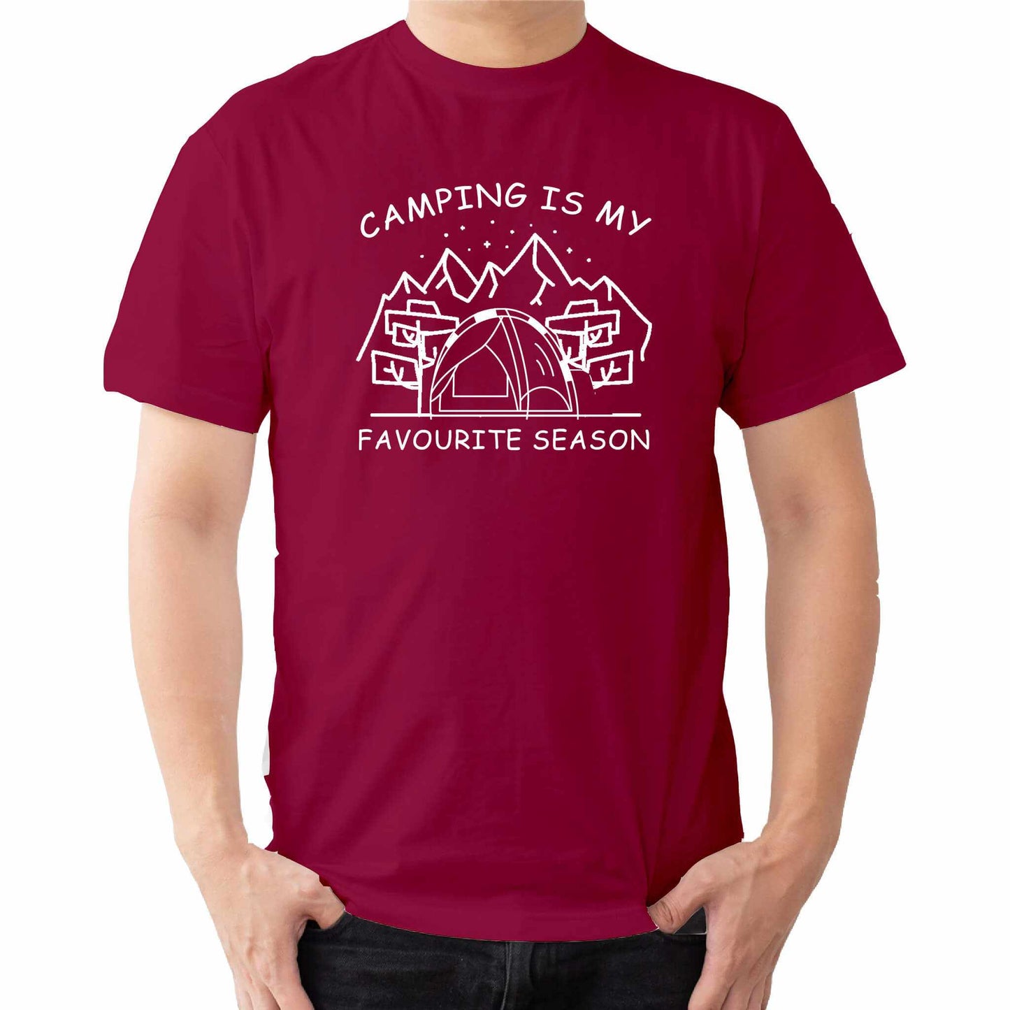  "Red Graphic tee with an illustration of a tent, surrounded by nature. Text reads: 'Camping is my favorite season.' Celebrate the great outdoors!"