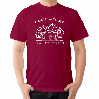  "Red Graphic tee with an illustration of a tent, surrounded by nature. Text reads: 'Camping is my favorite season.' Celebrate the great outdoors!"