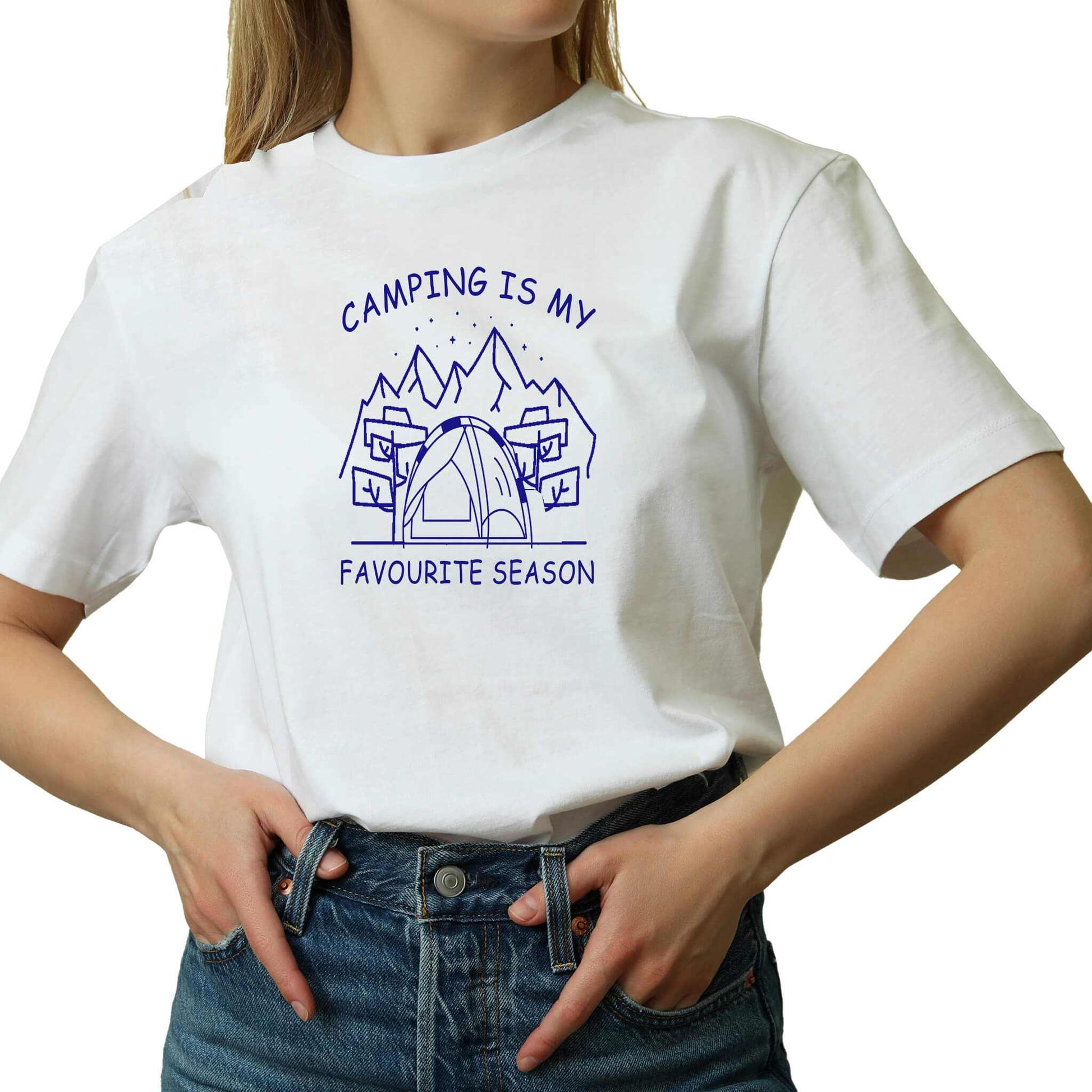  "White Graphic tee with an illustration of a tent, surrounded by nature. Text reads: 'Camping is my favorite season.' Celebrate the great outdoors!"