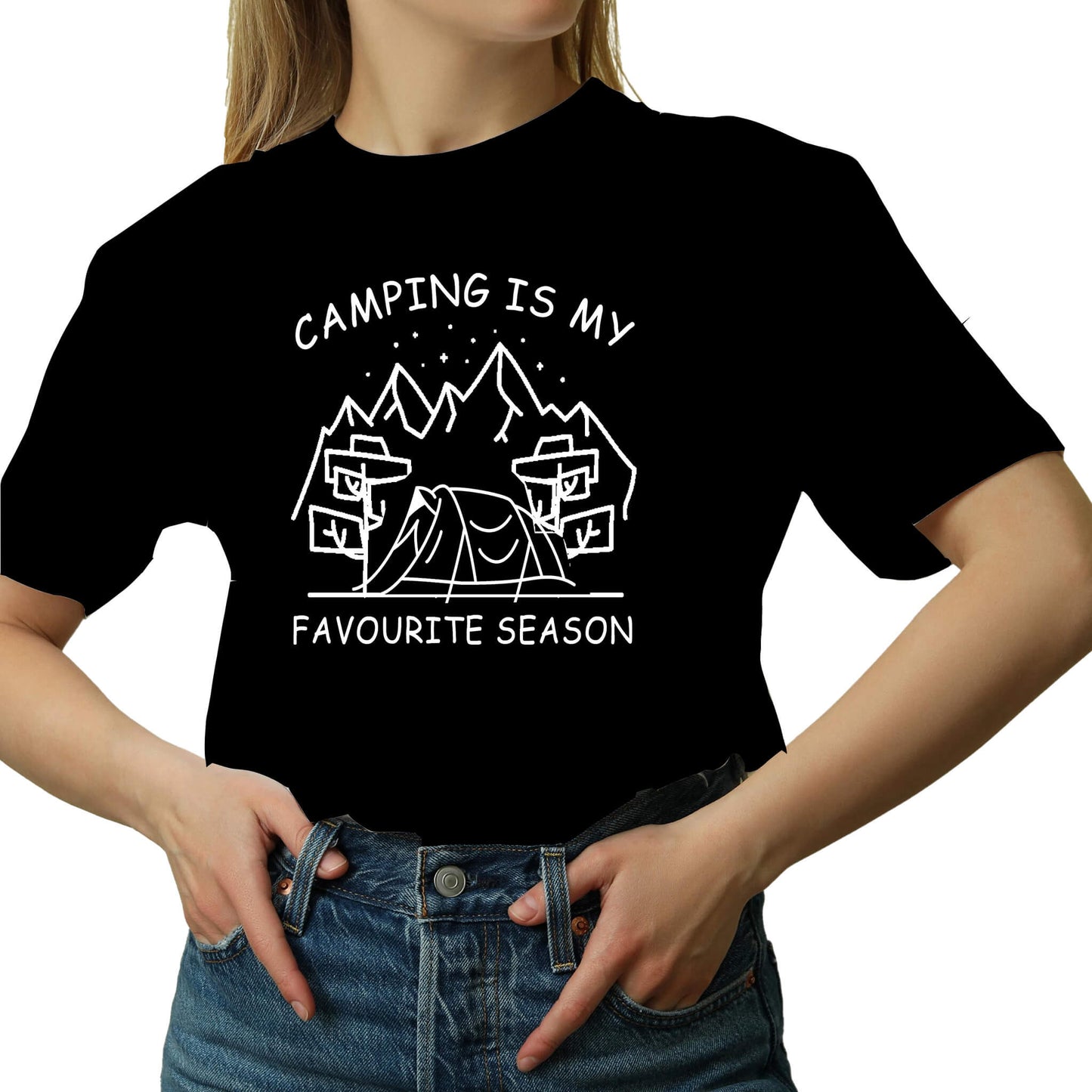  "Black Graphic tee with an illustration of a tent, surrounded by nature. Text reads: 'Camping is my favorite season.' Celebrate the great outdoors!"