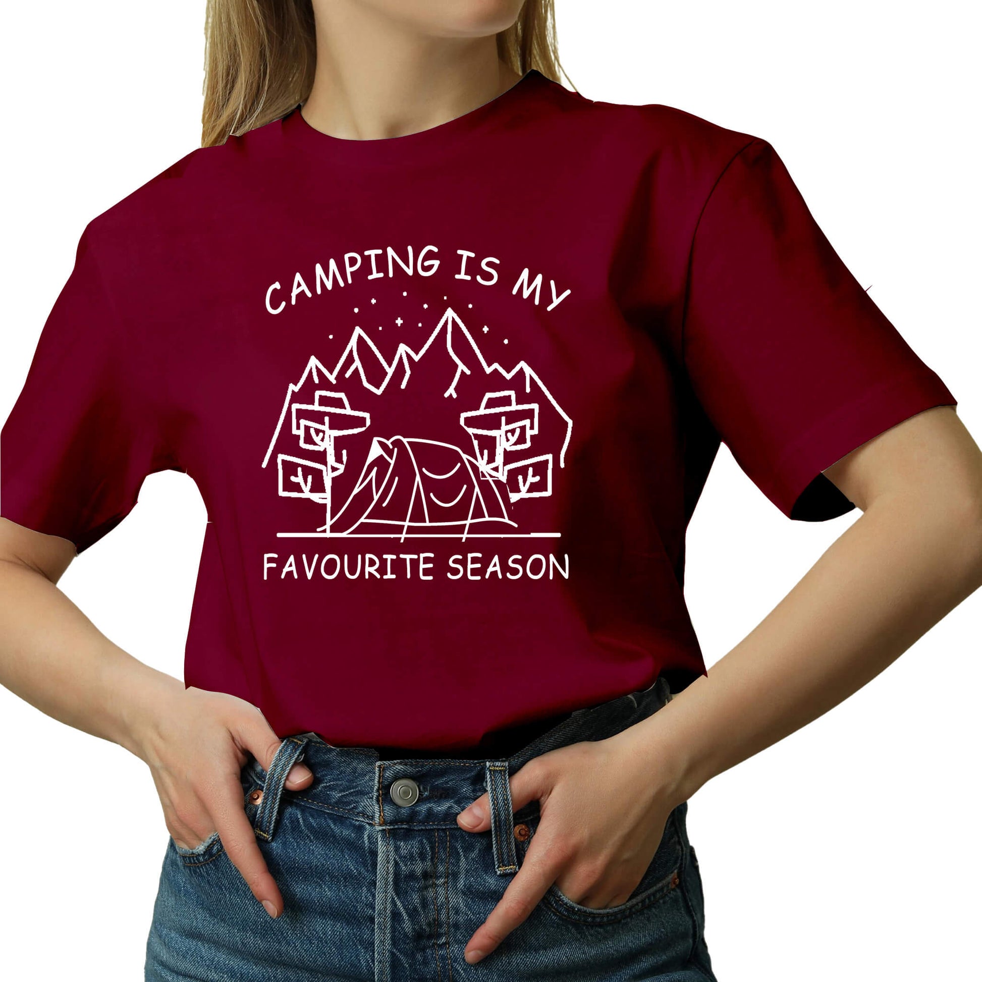 "red Graphic tee with an illustration of a tent, surrounded by nature. Text reads: 'Camping is my favorite season.' Celebrate the great outdoors!"