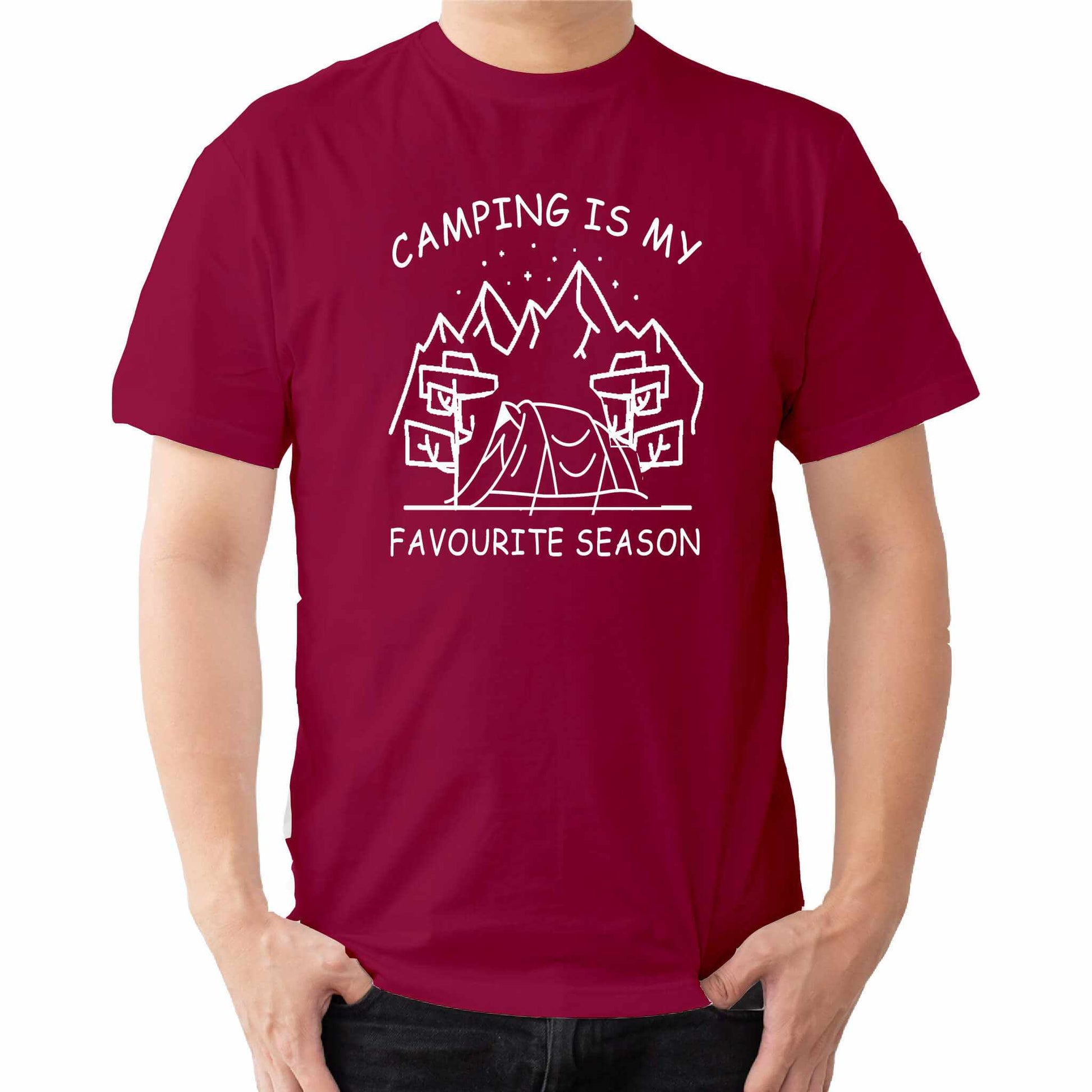  "Red Graphic tee with an illustration of a tent, surrounded by nature. Text reads: 'Camping is my favorite season.' Celebrate the great outdoors!"