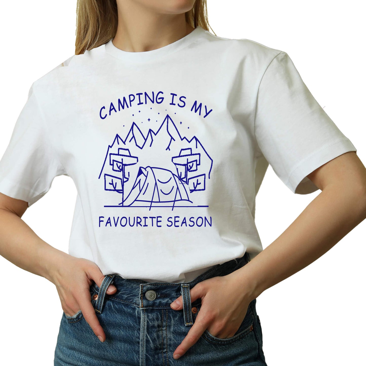  "White Graphic tee with an illustration of a tent, surrounded by nature. Text reads: 'Camping is my favorite season.' Celebrate the great outdoors!"