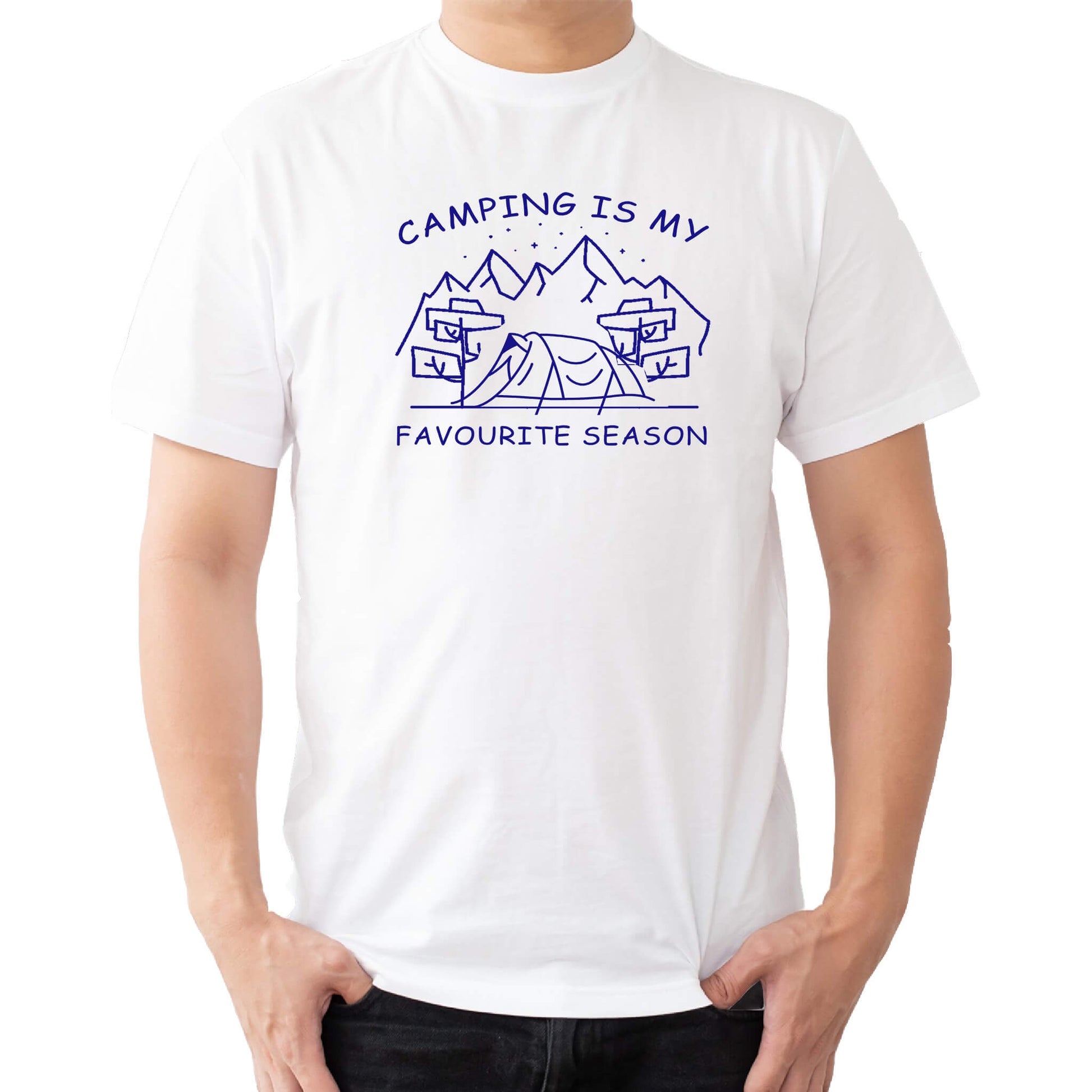  "White Graphic tee with an illustration of a tent, surrounded by nature. Text reads: 'Camping is my favorite season.' Celebrate the great outdoors!"