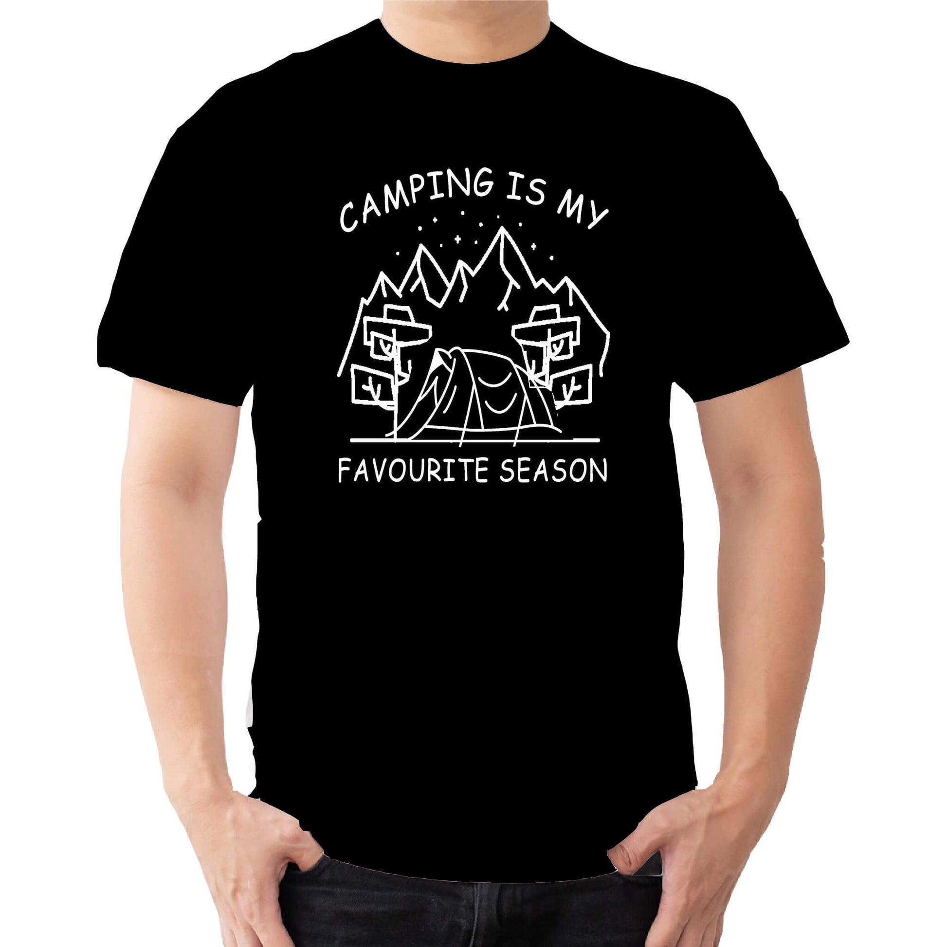  "Black Graphic tee with an illustration of a tent, surrounded by nature. Text reads: 'Camping is my favorite season.' Celebrate the great outdoors!"