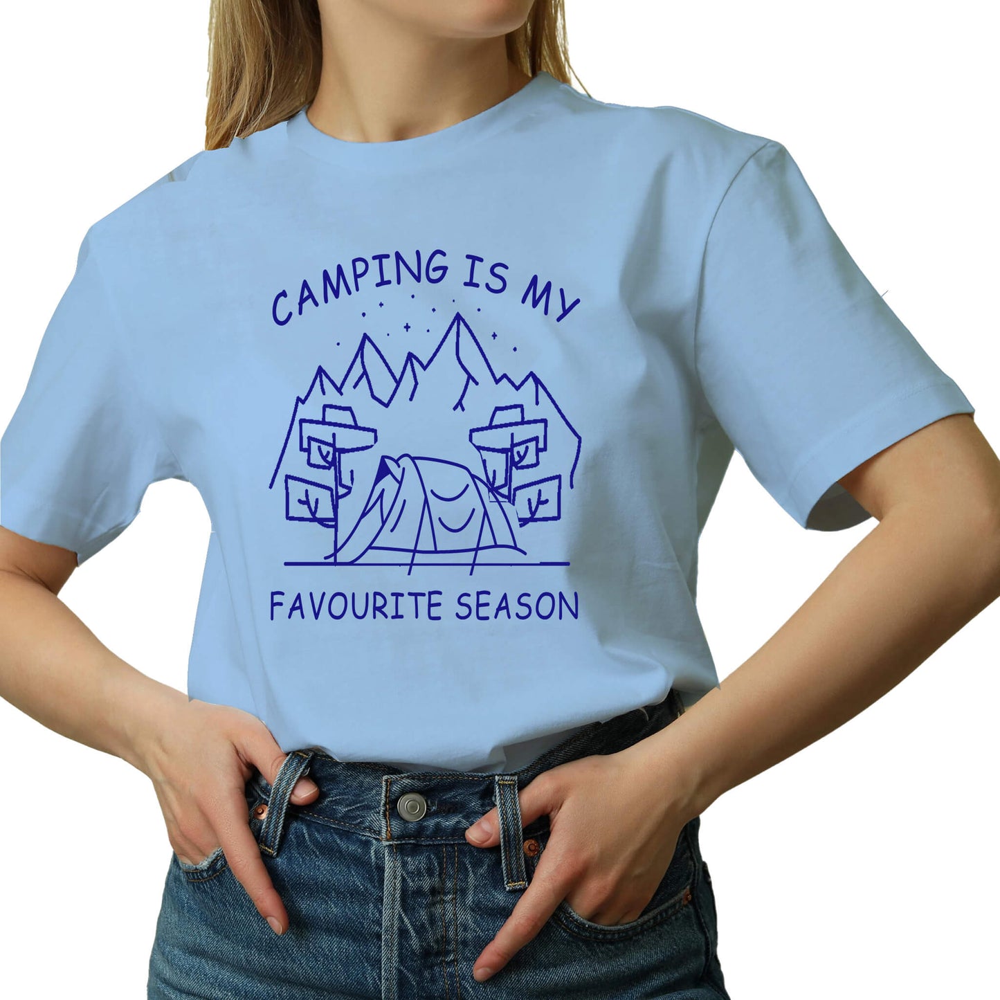  "Blue Graphic tee with an illustration of a tent, surrounded by nature. Text reads: 'Camping is my favorite season.' Celebrate the great outdoors!"