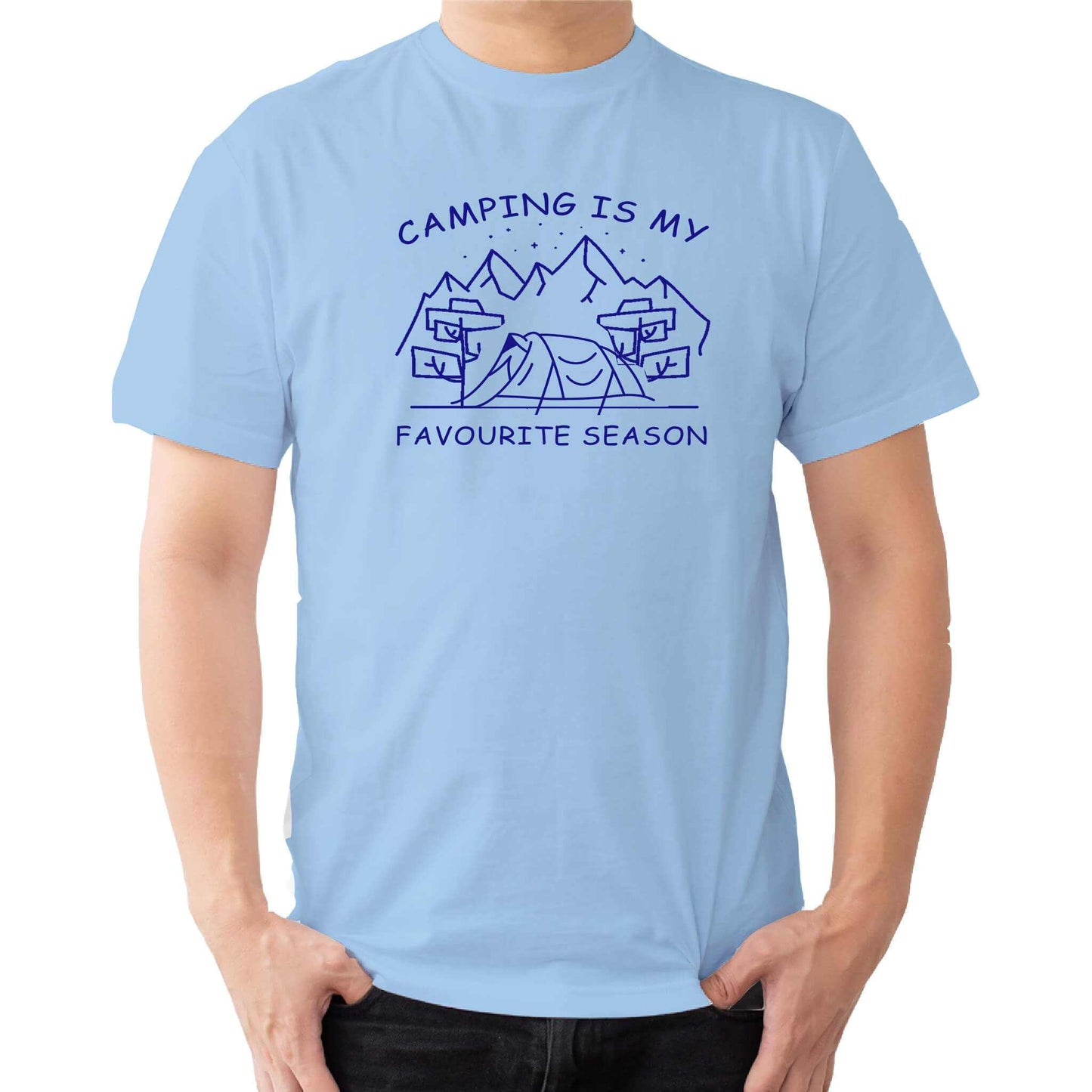  "Blue Graphic tee with an illustration of a tent, surrounded by nature. Text reads: 'Camping is my favorite season.' Celebrate the great outdoors!"
