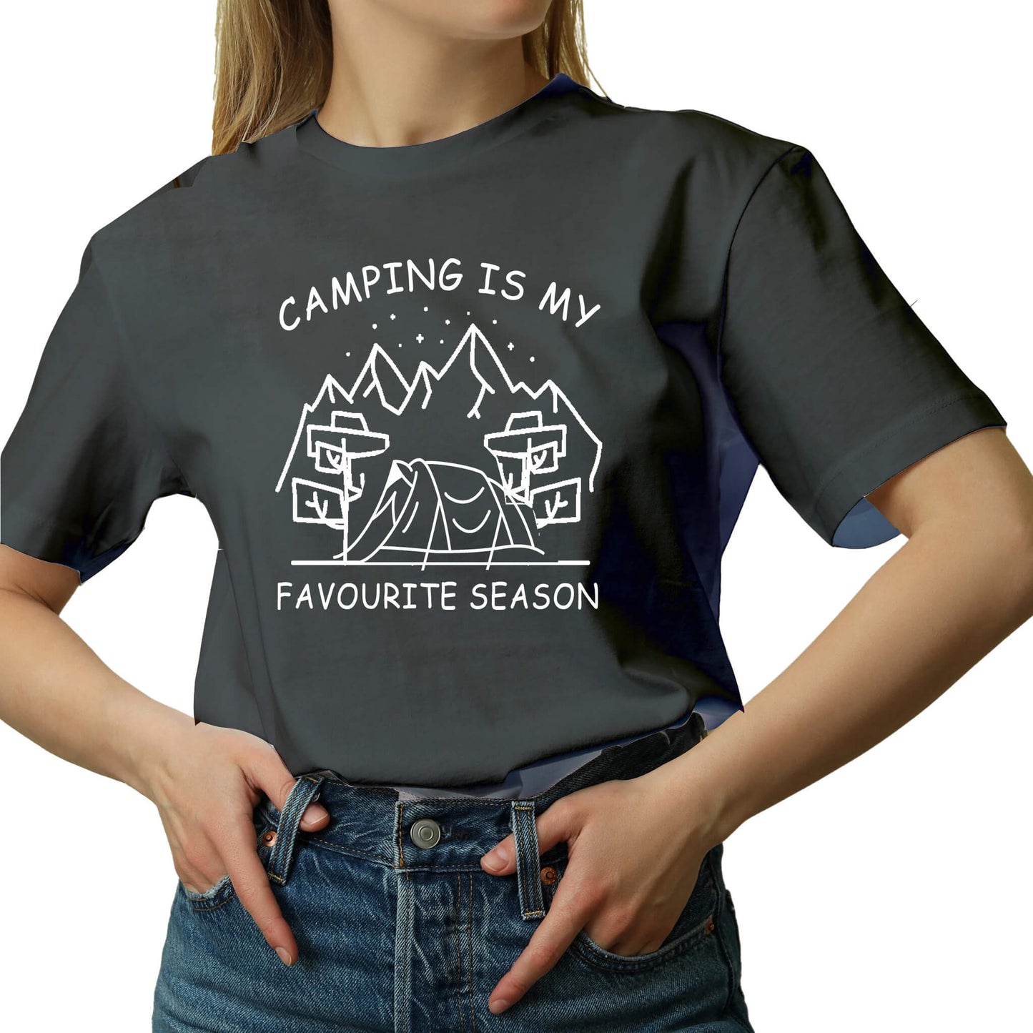  "grey Graphic tee with an illustration of a tent, surrounded by nature. Text reads: 'Camping is my favorite season.' Celebrate the great outdoors!"
