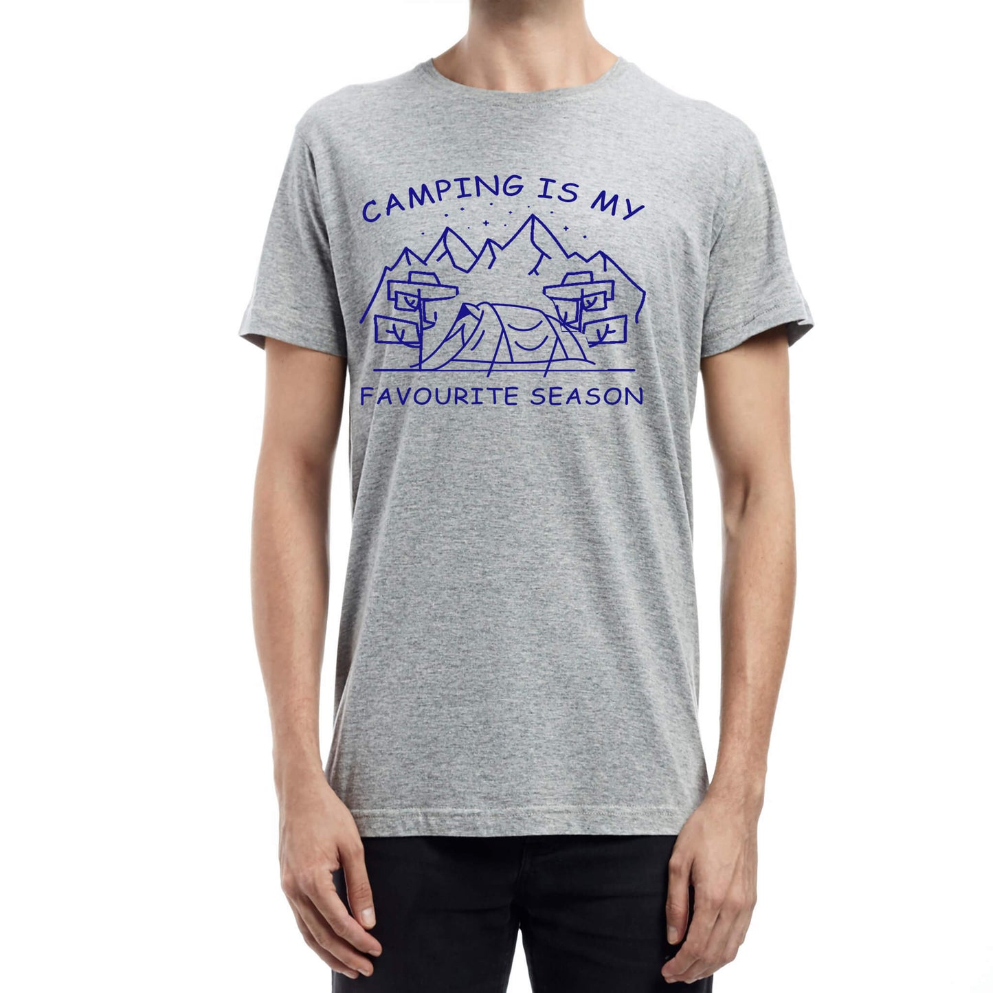  "grey Graphic tee with an illustration of a tent, surrounded by nature. Text reads: 'Camping is my favorite season.' Celebrate the great outdoors!"