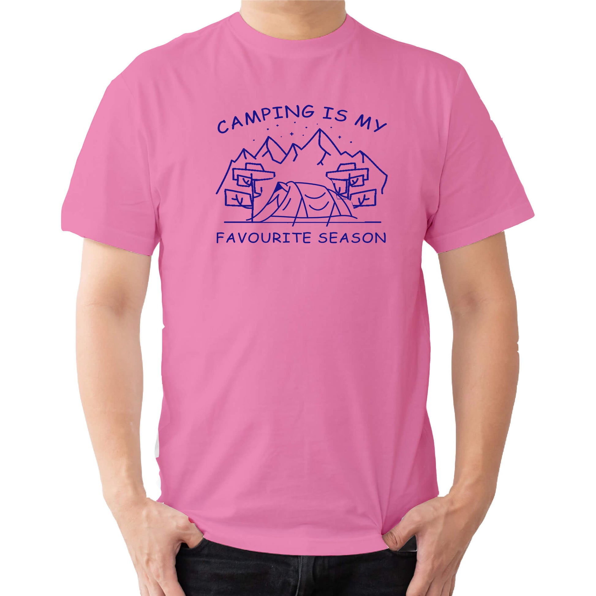  "Pink Graphic tee with an illustration of a tent, surrounded by nature. Text reads: 'Camping is my favorite season.' Celebrate the great outdoors!"