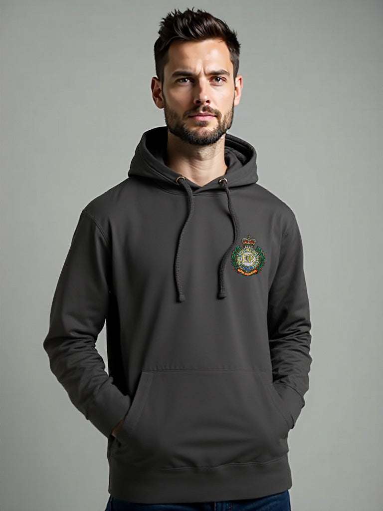 Charcoal Royal Engineers Hoodie featuring premium embroidered Royal Engineers logo, perfect military apparel for UK veterans, serving personnel, and supporters.