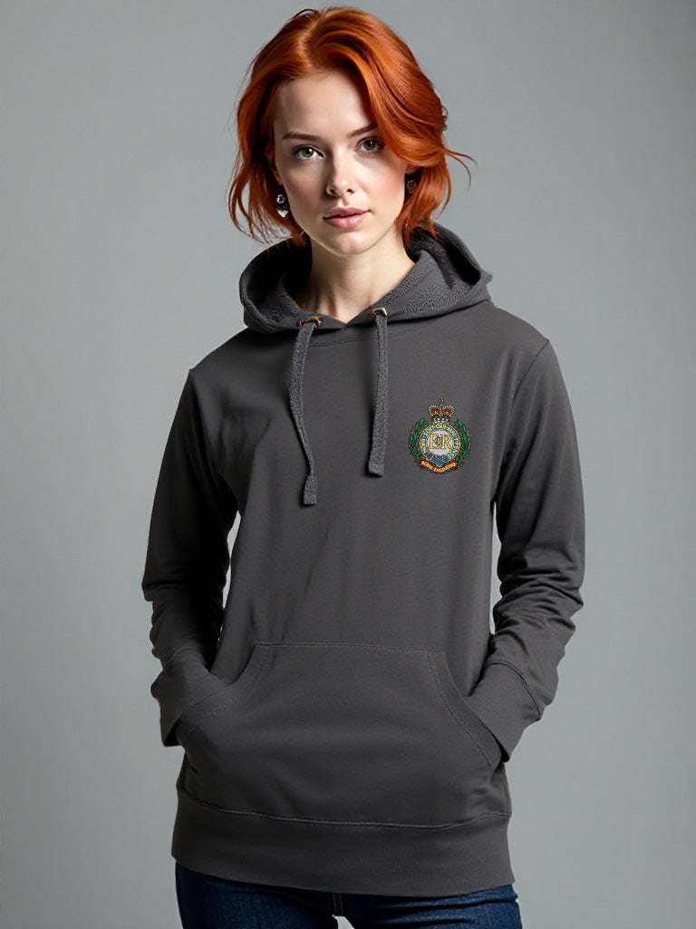 Charcoal Royal Engineers hoodie featuring premium embroidered Royal Engineers logo, modelled by a female. Ideal for UK veterans, serving Sappers, and proud supporters.