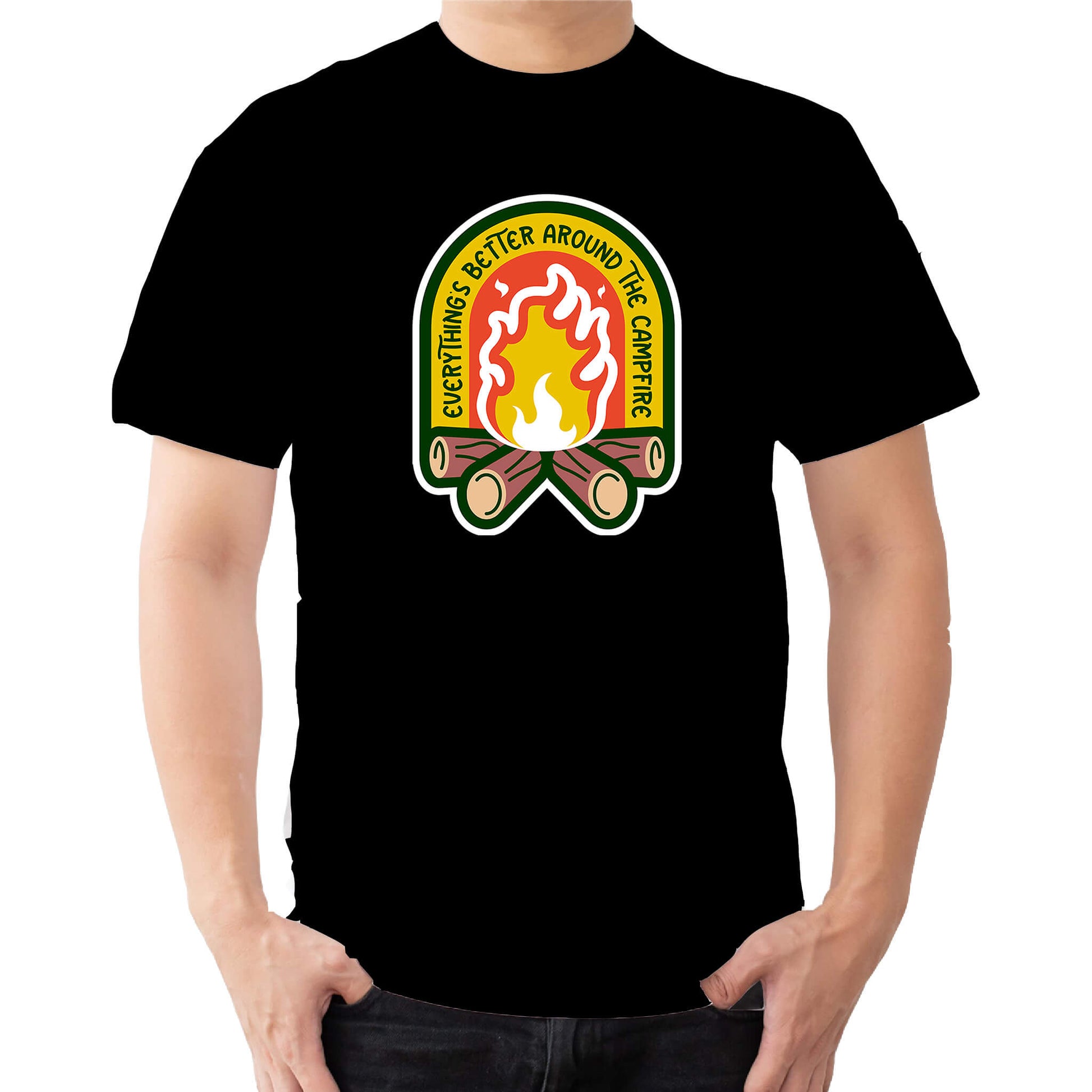 "black Cozy tee featuring a campfire image, perfect for outdoor enthusiasts. Text says: 'Everything is better around the campfire.' Embrace the warmth and camaraderie!"