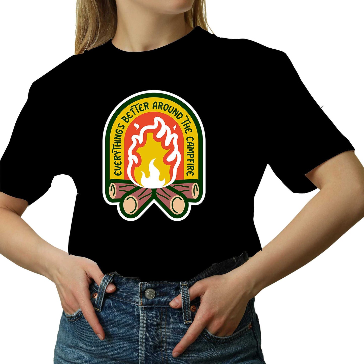 "black Cozy tee featuring a campfire image, perfect for outdoor enthusiasts. Text says: 'Everything is better around the campfire.' Embrace the warmth and camaraderie!"