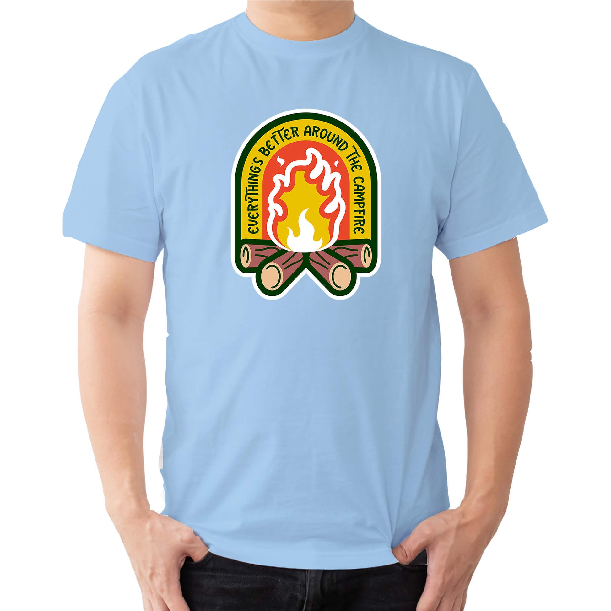 "Blue Cozy tee featuring a campfire image, perfect for outdoor enthusiasts. Text says: 'Everything is better around the campfire.' Embrace the warmth and camaraderie!"