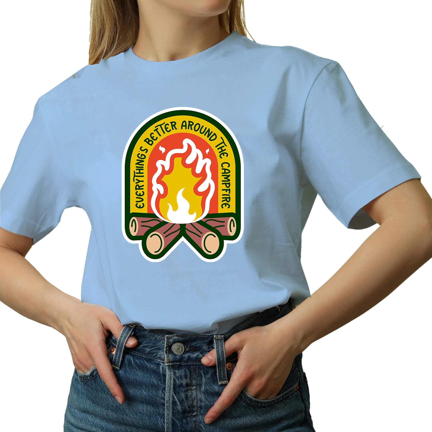 "Blue Cozy tee featuring a campfire image, perfect for outdoor enthusiasts. Text says: 'Everything is better around the campfire.' Embrace the warmth and camaraderie!"