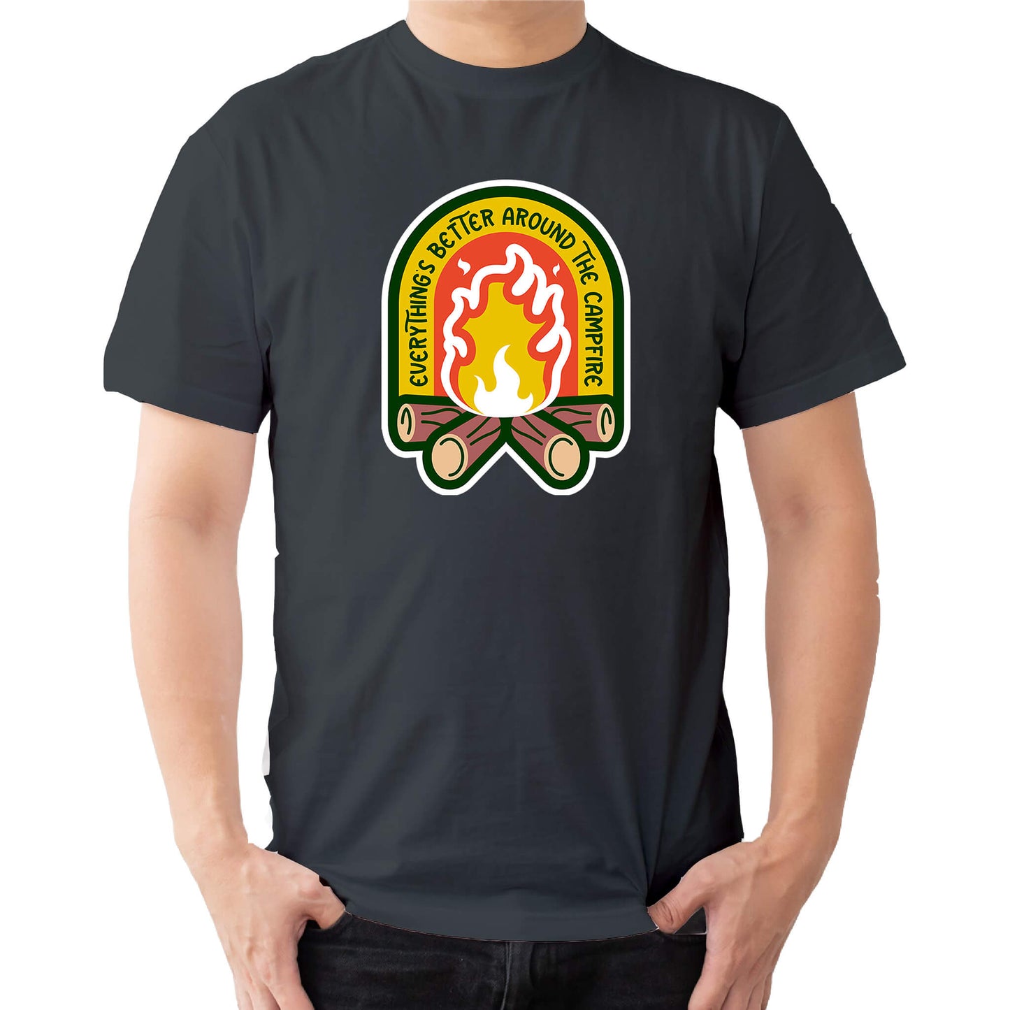 "Charcoal Cozy tee featuring a campfire image, perfect for outdoor enthusiasts. Text says: 'Everything is better around the campfire.' Embrace the warmth and camaraderie!"