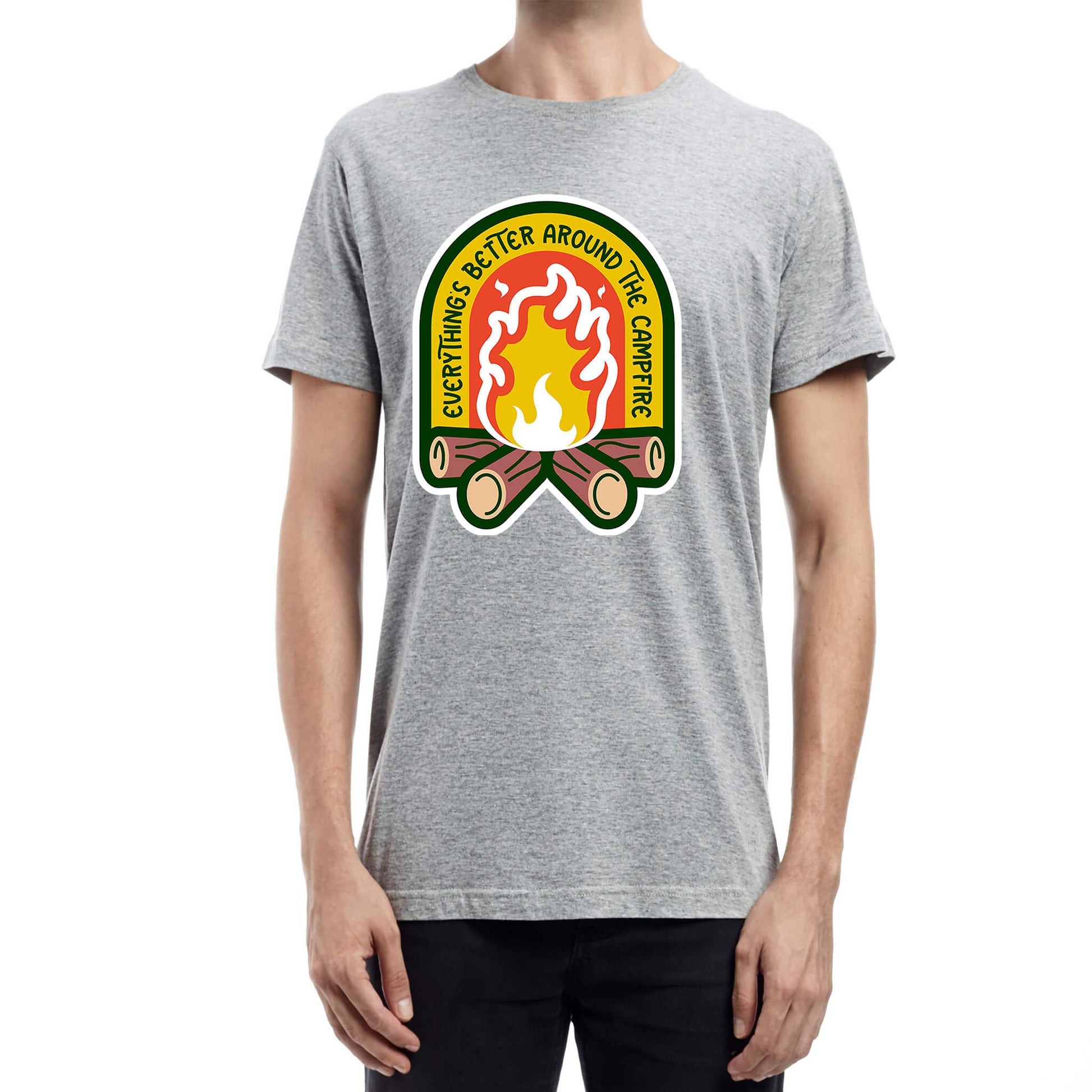 "grey Cozy tee featuring a campfire image, perfect for outdoor enthusiasts. Text says: 'Everything is better around the campfire.' Embrace the warmth and camaraderie!"