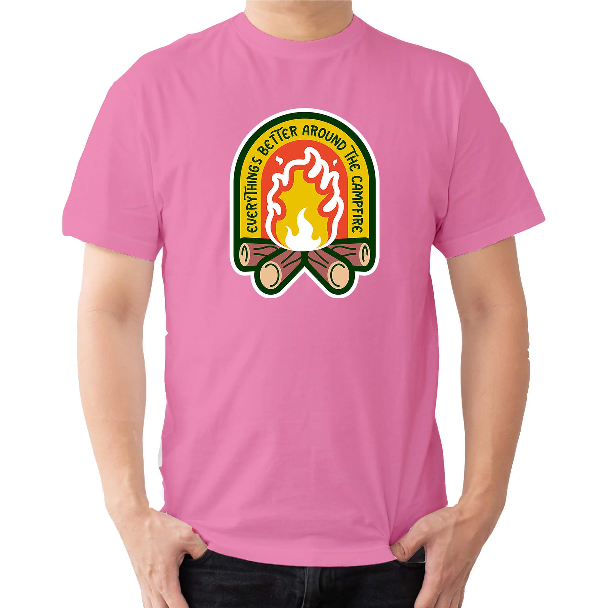 "Pink Cozy tee featuring a campfire image, perfect for outdoor enthusiasts. Text says: 'Everything is better around the campfire.' Embrace the warmth and camaraderie!"