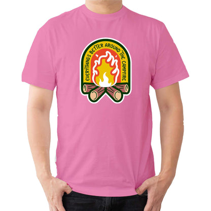 "Pink Cozy tee featuring a campfire image, perfect for outdoor enthusiasts. Text says: 'Everything is better around the campfire.' Embrace the warmth and camaraderie!"