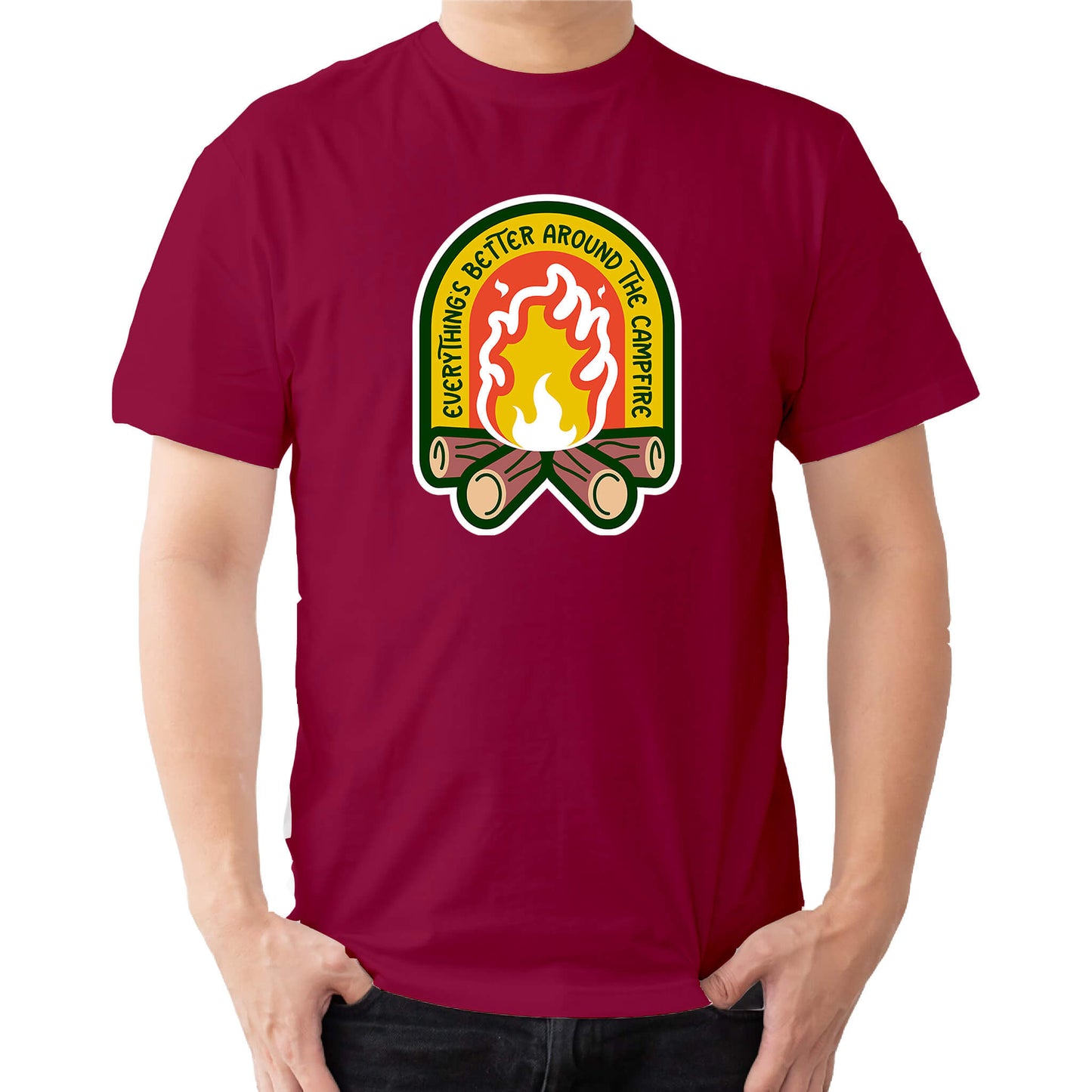 "red Cozy tee featuring a campfire image, perfect for outdoor enthusiasts. Text says: 'Everything is better around the campfire.' Embrace the warmth and camaraderie!"