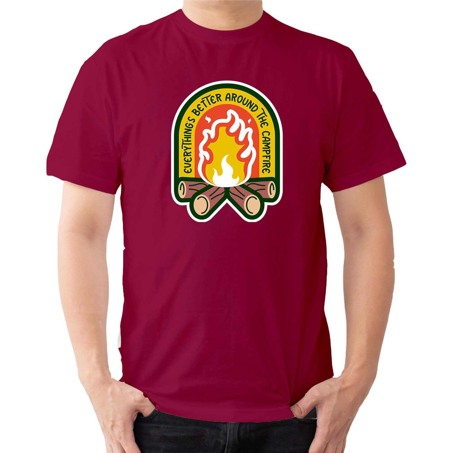 "red Cozy tee featuring a campfire image, perfect for outdoor enthusiasts. Text says: 'Everything is better around the campfire.' Embrace the warmth and camaraderie!"