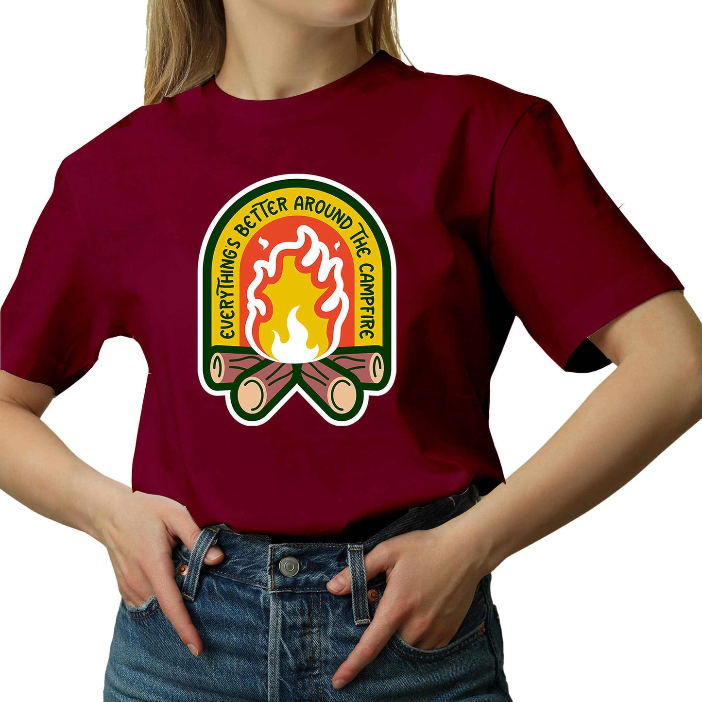 "red Cozy tee featuring a campfire image, perfect for outdoor enthusiasts. Text says: 'Everything is better around the campfire.' Embrace the warmth and camaraderie!"