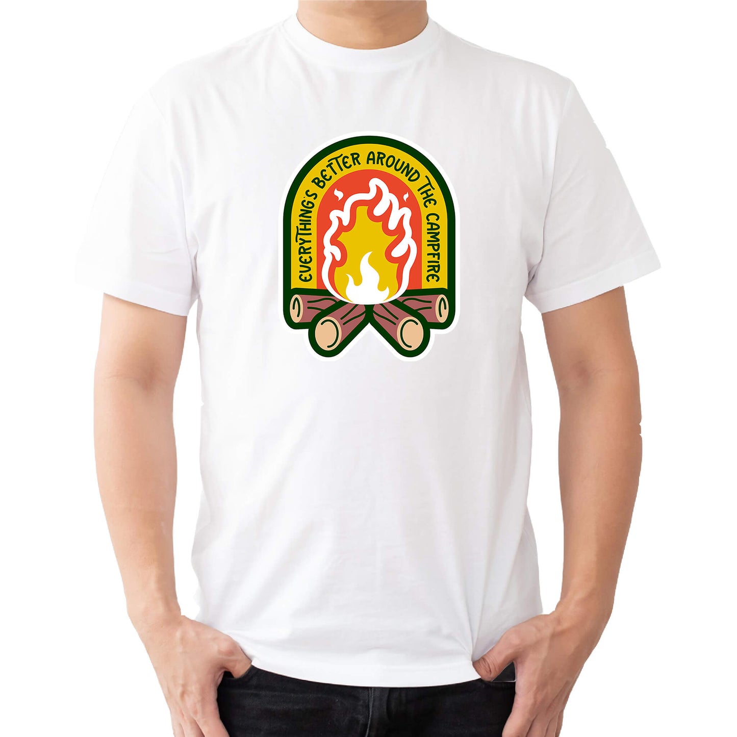 "white Cozy tee featuring a campfire image, perfect for outdoor enthusiasts. Text says: 'Everything is better around the campfire.' Embrace the warmth and camaraderie!"