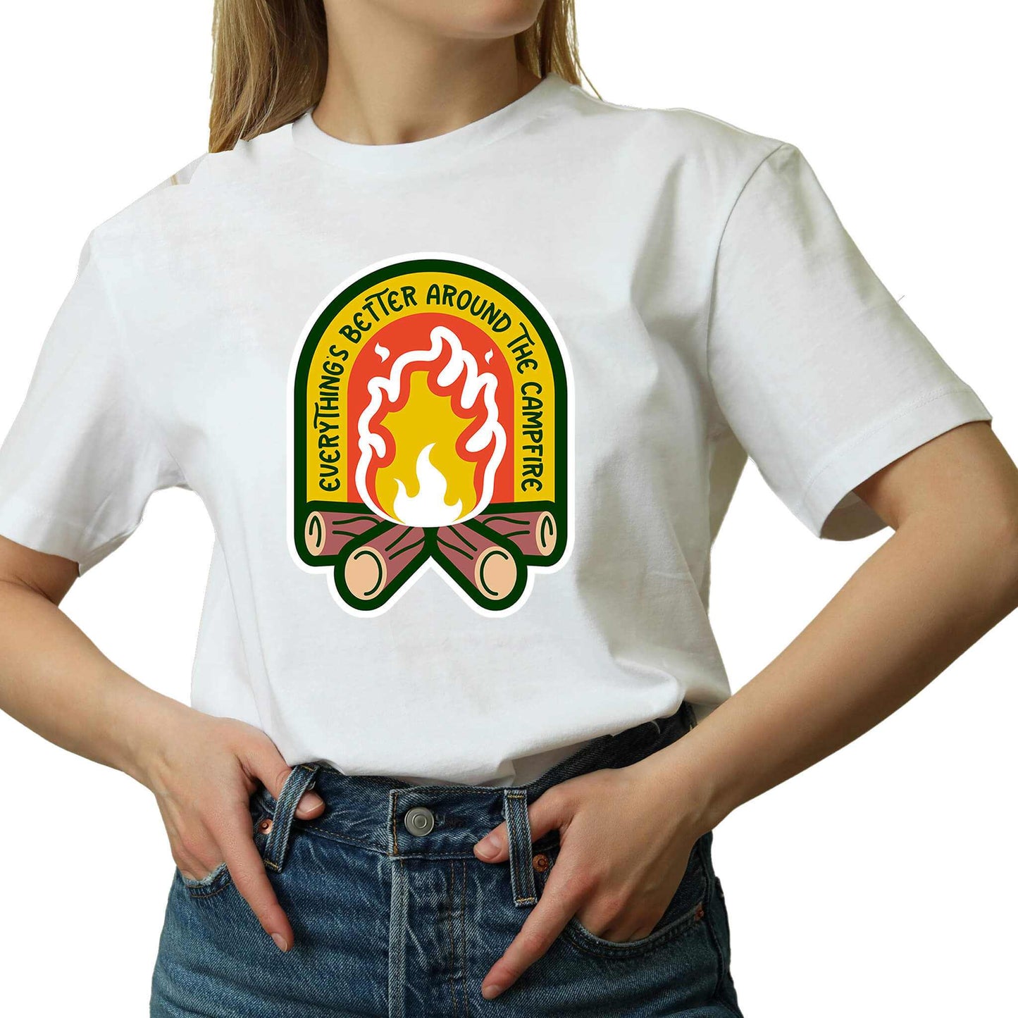 "white Cozy tee featuring a campfire image, perfect for outdoor enthusiasts. Text says: 'Everything is better around the campfire.' Embrace the warmth and camaraderie!"