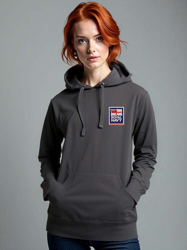 Charcoal Royal Navy Hoodie featuring premium embroidered Royal Navy logo, modelled by a female, perfect military apparel for UK veterans, serving personnel, and supporters.