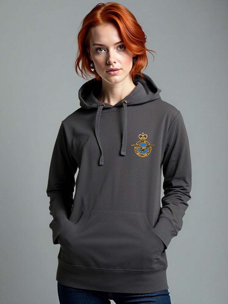Female model in charcoal Royal Air Force hoodie with embroidered RAF crest, official military-style women’s pullover with drawstring hood and front pocket, RAF hoodie in dark greyl