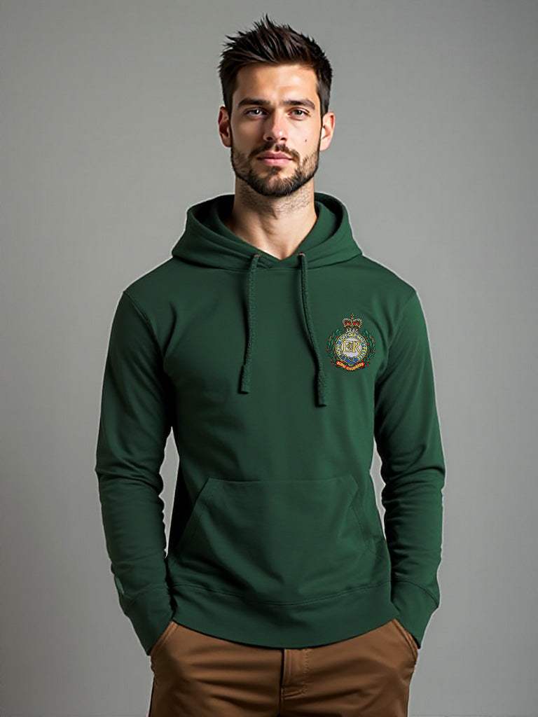 Forest green Royal Engineers Hoodie featuring premium embroidered Royal Engineers logo, perfect military apparel for UK veterans, serving personnel, and supporters.
