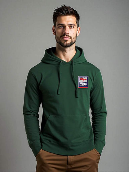 Forest Green Royal Navy Hoodie featuring premium embroidered Royal Navy logo, modelled by a male, perfect military apparel for UK veterans, serving personnel, and supporters.