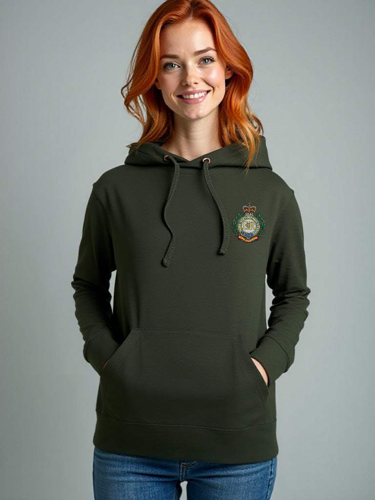 Forest Green Royal Engineers hoodie featuring premium embroidered Royal Engineers logo, modelled by a female. Ideal for UK veterans, serving Sappers, and proud supporters.