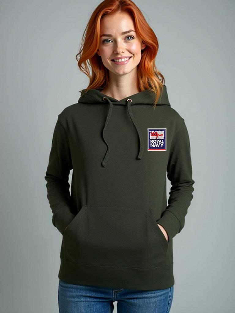 Forest green Royal Navy Hoodie featuring premium embroidered Royal Navy logo, modelled by a female, perfect military apparel for UK veterans, serving personnel, and supporters.Colour