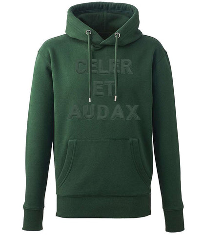 Royal Green Jackets hoodie with "Celer et Audax" 3D puff embroidery, organic cotton blend, green.