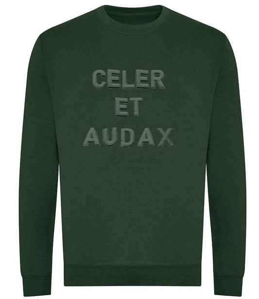 Royal Green Jackets sweater with "Celer et Audax" 3D puff embroidery in green.