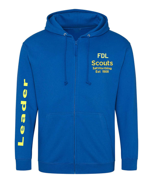 1st Worthing Scouts Leaders Embroidered Zoodie with emblem on chest and "Leader" text on sleeve, blue hoodie design.